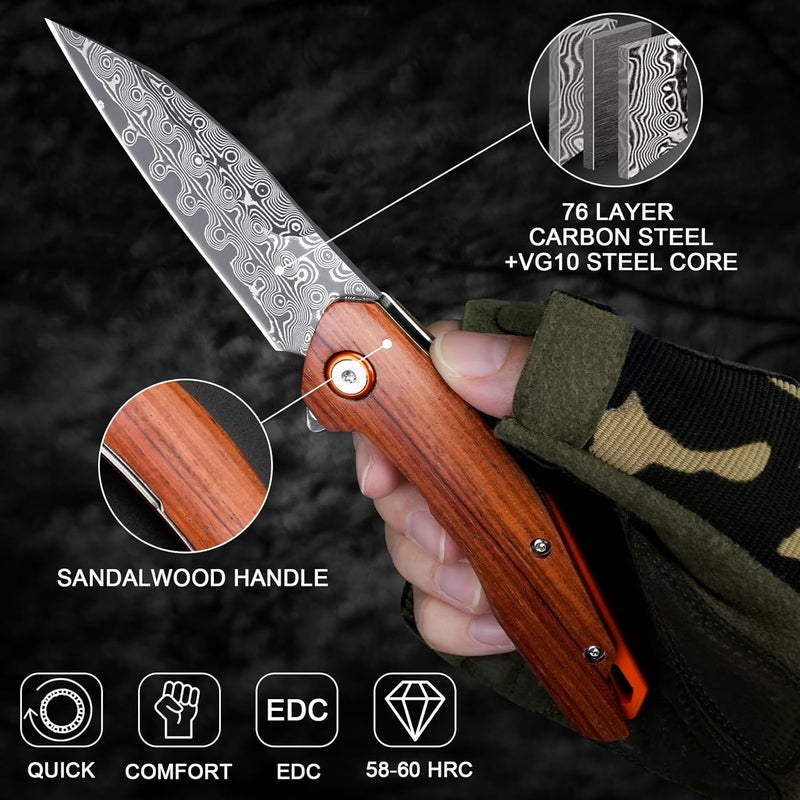 Zingbee Damascus Pocket Knife for Men Women 3.03" Damascus Blade Folding Knife for EDC Outdoor Fishing Camping Hiking Wooden Handle Pocket Knives with Leather Sheath - Image 2